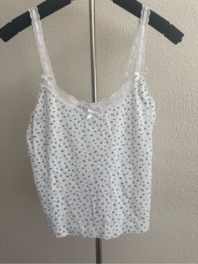 Just Polly New York  White Cami with Blue Floral Print and Lace Trim
